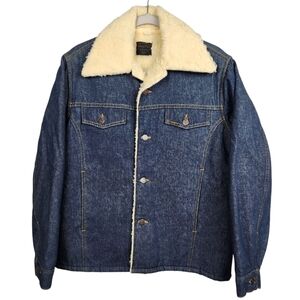 Vintage Sears Roebuck Shotgun Button Denim Trucker Jacket Sherpa Mens Size XL
